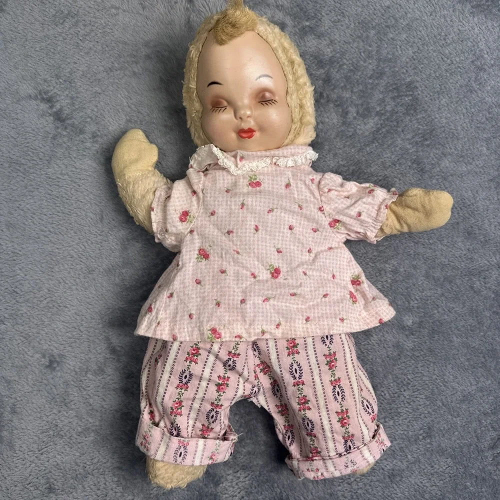 VTG 1940s Sleepyhead‎ Cuddle Baby Doll Toy Blonde 14.5 Inch Berry Straw Filled